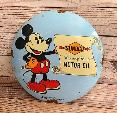 Vintage Sunoco Mickey Mouse Mercury Made Motor Oil Porcelain Metal Gas Sign • $0.99