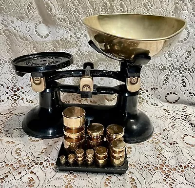 Vintage English Boots Black Kitchen Scales 9 Brass Metric Weights On Stand • $249