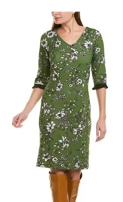 Melissa Masse Green Floral 3/4-Sleeve Fringe Double Stretch Crepe Dress Made USA • $49.99