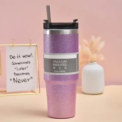 30oz Stainless Steel Insulated Travel Mug With Straw And Lid Coffee Mug Tumbler • £8.89