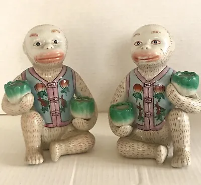 Pair Of Vintage Chinoiserie Porcelain Monkey Lotus Candle Holders • $229.99