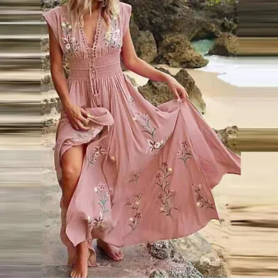 Womens Boho V Neck Floral Maxi Long Dress Ladies Summer Beach Holiday Sundress • £14.59