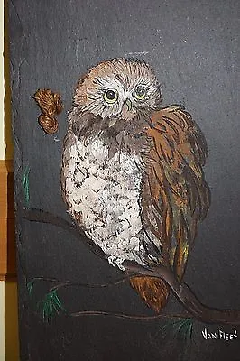 Owl Vtg Signed Van Fleet Painting Hand Painted Art Slate Stone Slab Shingle  • $30.54