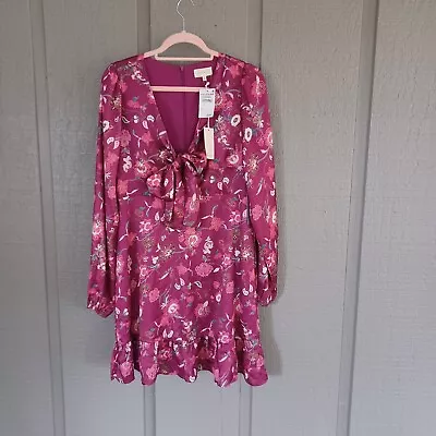 Melloday Floral Mini Dress Size M V Neck Long Sleeve Pocket In Magenta Print • $18