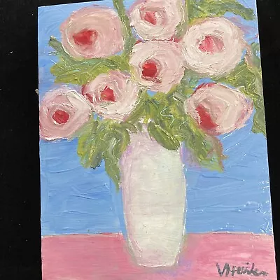 “Pink Blossoms In White Vase” An Original  Oil  Painting  On Cradled Wood 8”x10” • $48