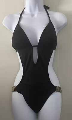 Victoria’s Secret Black Wireless Monokini Side Cutouts Metal Jewels Sz Small • $40