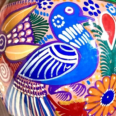 Colorful Pottery Vase Cancun Mexico Birds Flowers Beautiful Vibrant Tropical 8” • $17.50