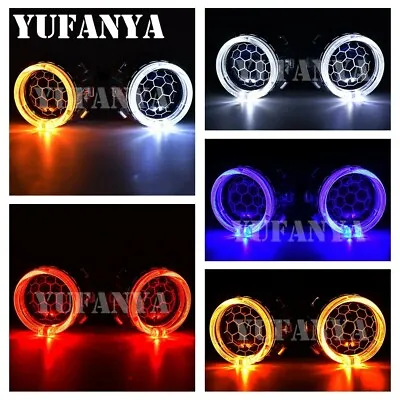 2.5'' Headlight Blue Honeycomb Bixenon HID Projector Lens Red Blue LED Angel Eye • $76.49