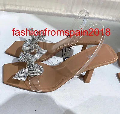 Zara New Woman Heeled Vinyl Sandals With Bow Shoes Natural 35-42  2315/110 • $68.99