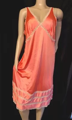 XL 2X 44 Vintage Full Slip Nightgown Satin Nylon Silky Coral Pink • $29.99