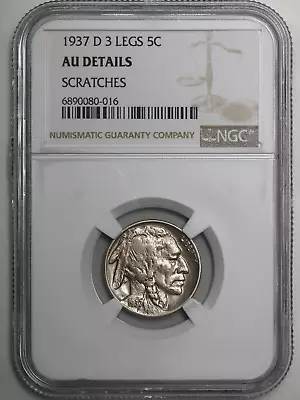 Rare 1937-D 3 Legs Buffalo Nickel NGC AU Details Scratches 1937 D 5c Denver Mint • $999.99