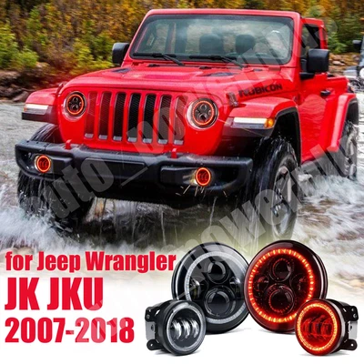 $116.99 • Buy Red Halo LED Headlights+Fog Lights Combo Kit For  2007-2018 Jeep Wrangler JK JKU