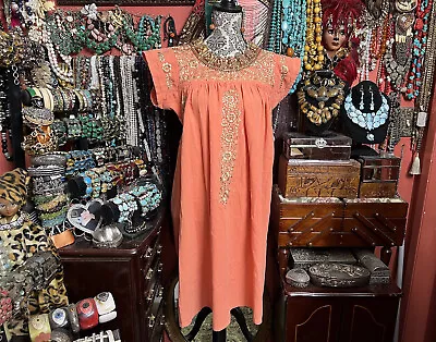 Beautiful Mexican Oaxacan Dress Orange With Gold Embroidery In Heavy Gauze M • $90