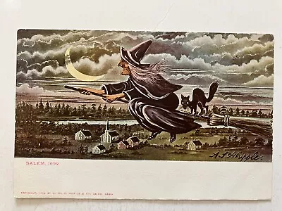 1903 Halloween Postcard Salem 1692  Witch On Broom With Cat G. Willis Whipple • £56.94