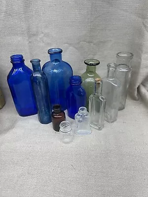 Vintage Lot Of 11 Clear Blue Other Medicine Other Bottles Empty Fun Vintage Lot • $19.99