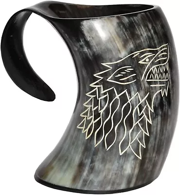 Game Of Thrones Stark House Viking Drinking Horn Mug Wolf Carved Tankard Drink • $37.40