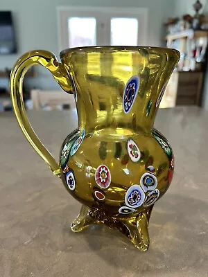 HAND MADE ART GLASS ARTIST VALLA SIGNED PITCHER Amber With Millefiori READ • $34.95