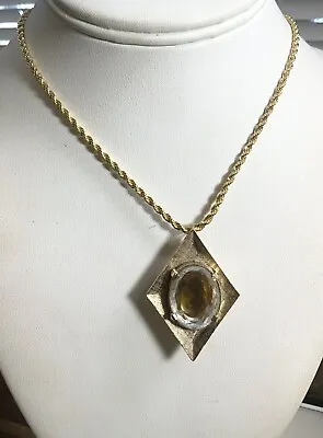 Vintage Gold Plate Citrine Gemstone Watch Case Necklace 20” 30mm • $15