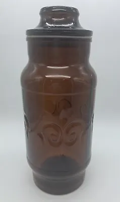 CREMORA WHISKEY BROWN AMBER GLASS FLEUR DE LIS CANISTER  Apothecary JAR Vintage • $9