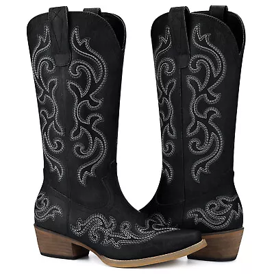 Rollda Women's Western Boots Mid-Calf Floral Embroidery Cowboy Cowgirl Boots • $49.99