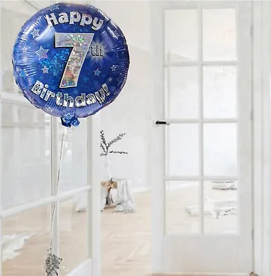 (1) 18in Happy 7th Birthday Blue Holographic Foil Balloon. 7th Party Decorations • £3.25