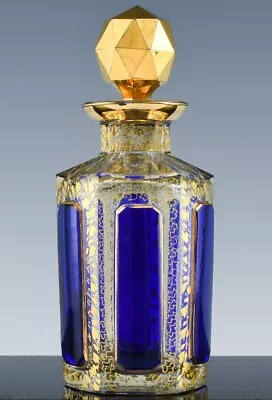 Exquisite Antique Moser Sapphire Cabochon & Gold Gilt Cut Glass Perfume Bottle • $68