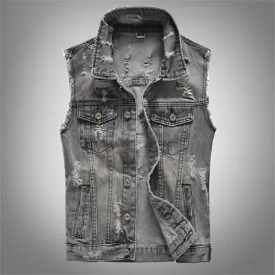 Men Grey Denim Biker Waistcoat Gilet Jeans Ripped Sleeveless Jacket Vest Tops • $50.39