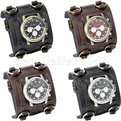 Mens Military Army Style Wide Leather Band Sports Big Face Quartz Wrist Watch • $16.99