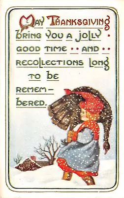 $5 • Buy Thanksgiving Recollections~Little Girl Carries Turkey Over Shoulder~Snow~Emboss