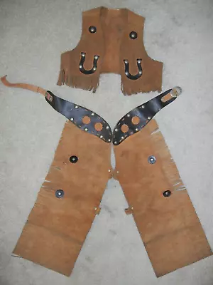 Childs Vintage Leather Cowboy Fringed Chaps And Vest Fancy Halloween Costume • $39.95