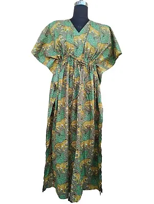 Indian Cotton Green Beautiful Tiger  Kaftan Dress Women Clothing Kaftan Dress AU • $36.29