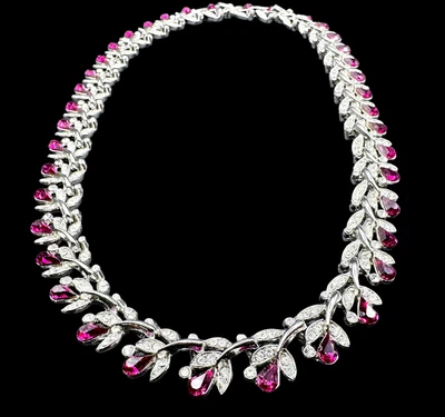 £475.89 • Buy 1950s CROWN TRIFARI Philippe Fuschia & Clear Pavé Rhinestone Floral Necklace