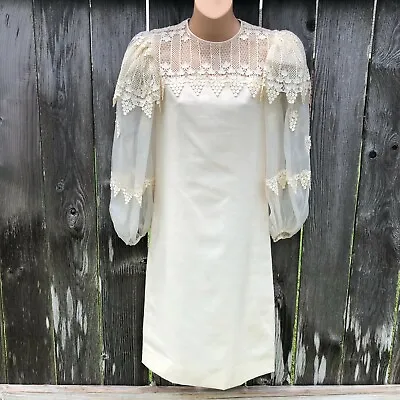 Morton Myles For The Warrens Vintage Ivory Dress Sheer Balloon Sleeves Lace Sz 4 • $99.99