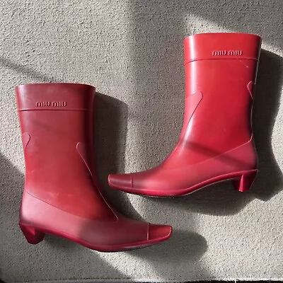 MIU MIU Prada Wellington Red Heel Rain Boots Size 41 US 9.5 Womens Made In Italy • $119