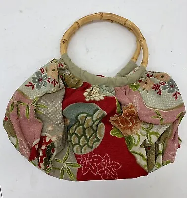 J Jill Women's Floral Cloth Handbag Purse W/Round Bamboo Handles Boho • $24.99