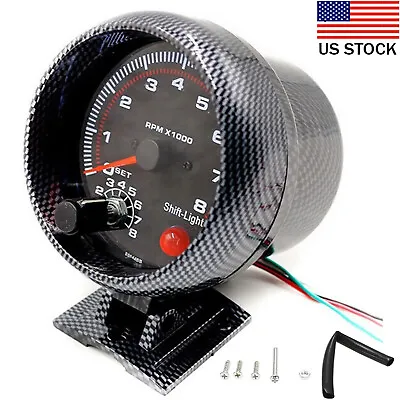 $16.44 • Buy 3.75''Car Tachometer Carbon Fibre Tacho Gauge LED Shift Light 0-8000RPM 12V J1C1