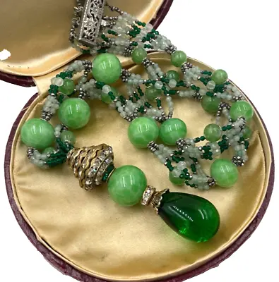 Vintage Art Deco Necklace Jade Peking Beads Gripoix Green Glass Drop Pendant Rar • $250