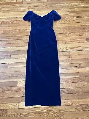 House Of Bianchi Dress Vintage 80s Royal Blue Velvet Formal Dress Bow Elegant • $59.95