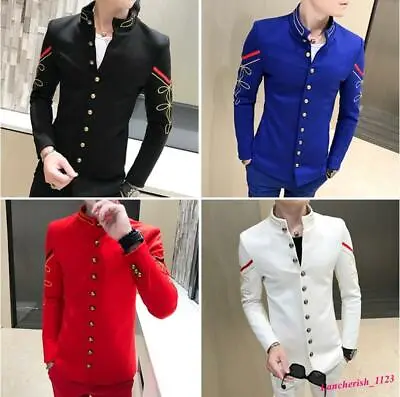 $58.10 • Buy Embroidery Men's Stand Collar Blazer Slim Fit Coat Casual Jackets Korean Fashion