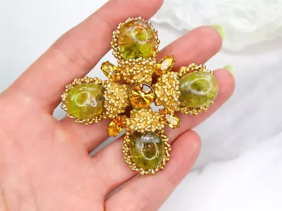 Les Bernard Vtg Green Art Glass Cabs Amber Crystal Maltese Cross Deco Pin Brooch • $29.50