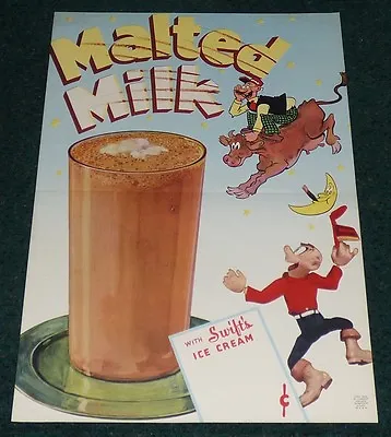 Swift's Ice Cream Malted Milk Vintage 1946 Sign Smokey Stover Cow Dairy • $79.95