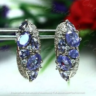 2Ct Oval Cut Blue Tanzanite & Diamond Huggie Hoop Earrings 14K White Gold Finish • $46.20