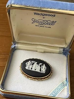 Vintage Van Dell Oblong Wedgwood Black Jasperware Cameo Gold Filled Brooch Mint • $118.95