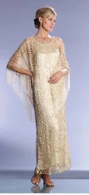 Soulmates 100% Silk Cream Vintage Lace Gold Beaded Long Plus XL Maxi Dress Gown  • $85