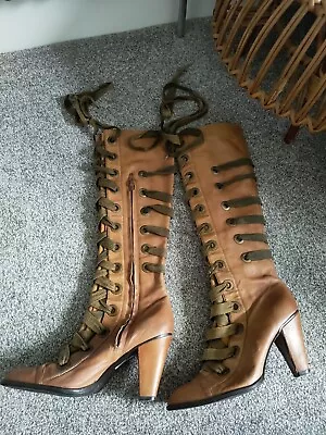 Miss L Fire Leather Steampunk Victoriana Long Boots With Ribbons Eu 38 Used UK 5 • £29.99