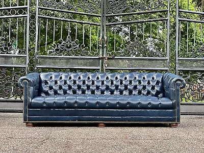 Vintage Tufted Leather Chesterfield Sofa By Leather Craft In Blue  • $7850