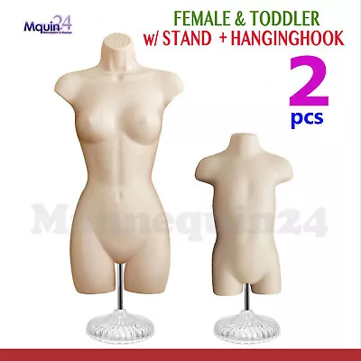 2 Mannequin Torsos -Set Of Flesh Female & Toddler Body Forms 2 Stands +2 Hangers • $67.82