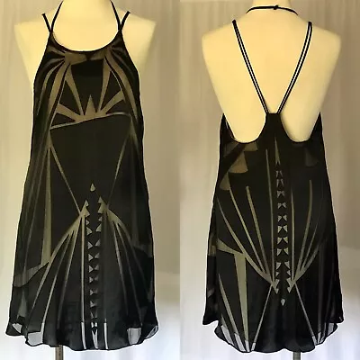 MYNE Ashley Ann Dress Size 2 Black Mini Short Halter Shift Trapeze Geometric • $32.88