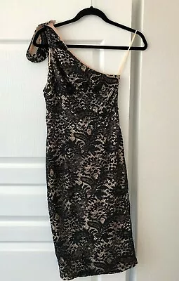 Elle Zeitoune Black & Nude One Shoulder Lace Look Midi Cocktail Dress Size 8 • $79