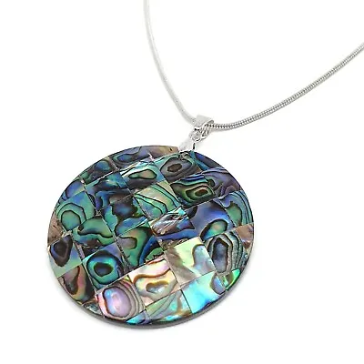 Rainbow Paua Necklace Round Flat Large Abalone Pendant Boho Silver Plated Chain • £13.98